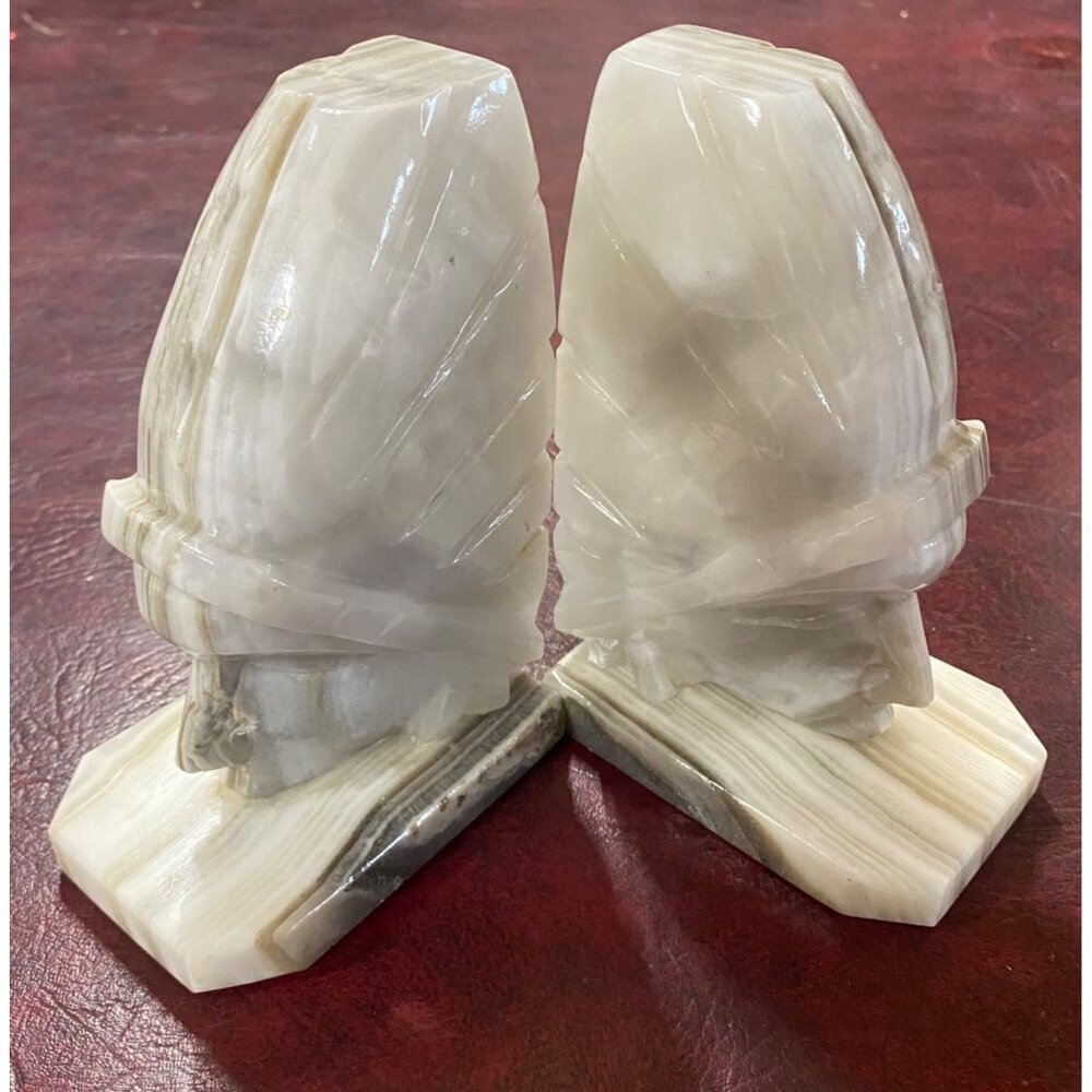 Vintage Onyx Marble Aztec Warrior Indian Head Bookends 6” x 4 1/4” x 2 3/4”
